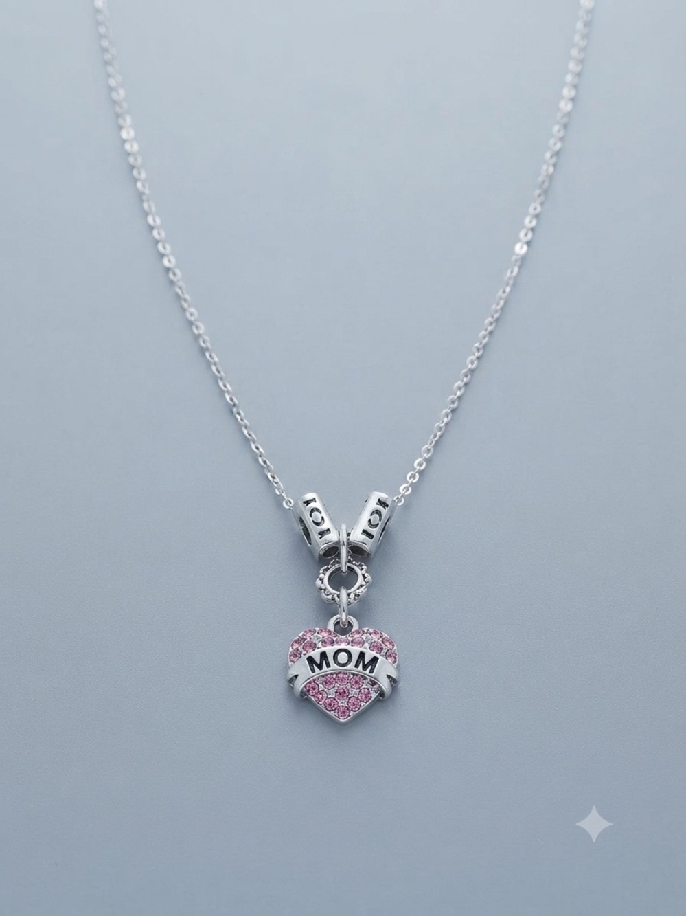 Source Unknown Silvertone MOM Heart Pendant Necklace with Pink Crystals